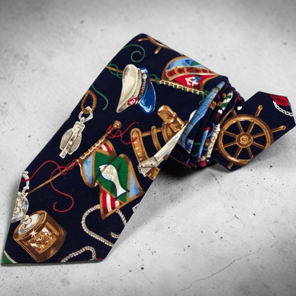 Vera Bradley Designs Mens Silk Tie Blue Nautical Anchor Sailboat Cotton 58x3.75